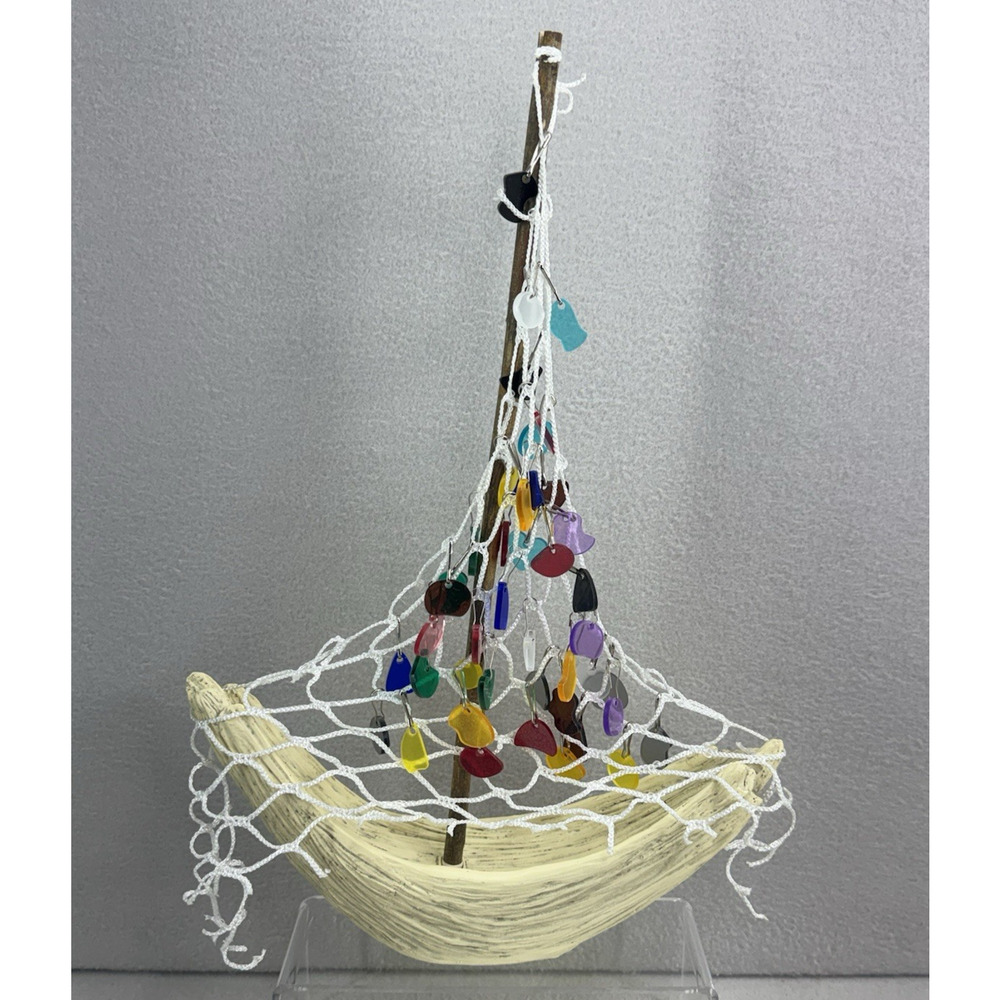 Sailboat Decor Driftwood Sea Glass Fishing Net Coastal Beach Cottage Nautical